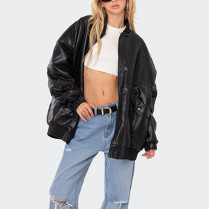 Giacche in ecopelle da <span class=keywords><strong>donna</strong></span> con <span class=keywords><strong>Bomber</strong></span> da Baseball oversize in Pu <span class=keywords><strong>lungo</strong></span> Design personalizzato di moda Vintage - Product Image 2
