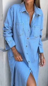Vestido largo <span class=keywords><strong>de</strong></span> <span class=keywords><strong>mezclilla</strong></span> estilo europeo <span class=keywords><strong>con</strong></span> cuello tipo cárdigan, manga larga, holgado, ultra largo, <span class=keywords><strong>con</strong></span> abertura lateral, tipo <span class=keywords><strong>blusa</strong></span> y <span class=keywords><strong>falda</strong></span>, al por mayor. - Product Image 6