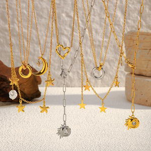 Collier en acier inoxydable avec anneau rond, pendentif en forme de cœur, étoile de <span class=keywords><strong>mer</strong></span>, embellissements <span class=keywords><strong>lune</strong></span> et étoile, collier pendentif pour femme - Product Image 1