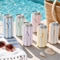 Manchon isotherme personnalisé en néoprène rayé avec logo et monogramme pour canettes de bière de mariage