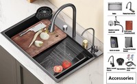 Évier de cuisine professionnel en acier inoxydable noir avec robinet cascade, planche à découper, passoire, lave-tasses et accessoires OEM ODM B2B