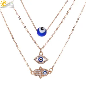 CSJA – ensemble de 3 pièces en verre strass Hamsa main turquie bleu mauvais œil, collier à breloques, ensembles de bijoux pour femmes C08, vente en gros