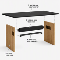 Table à manger en bois et noir avec pieds à panneaux et traverse croisée, style moderne minimaliste
