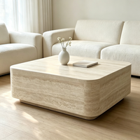 Table basse carrée en travertin naturel massif, bord arrondi, table centrale en pierre pour salon, villa, hôtel, décoration intérieure