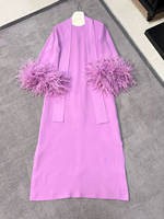 Robe longue en soie de mûrier exquise pour femme, col montant, manches 3/4, garniture en plumes, style élégant et intellectuel