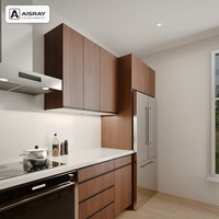 Meuble de cuisine de luxe en placage de bois avec îlot central, portes en dalles couleur noyer, poignées intégrées et boîtes de rangement en contreplaqué