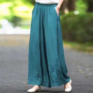 Cotton Linen Embroidered Wide Leg Pants Elastic Waist Casual Plus Size Women's Clothing Rose Pink Breathable Summer Style - Product Image 3