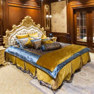 Luxo Estilo Italiano Royal King <span class=keywords><strong>Bed</strong></span> Set <span class=keywords><strong>Golden</strong></span> Trim Button adornado De Couro Alto Francês De Madeira Ajustável Sala - Product Image 2