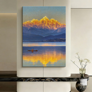 Peinture à l'huile sur toile moderne italienne minimaliste, paysage de montagne dorée au coucher du soleil, décoration de salon, œuvre d'art - Product Image 4