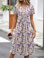 Robe midi décontractée d'été pour femmes, à manches courtes, coupe évasée, avec poches, col en V, motif floral, pour la plage, lavable