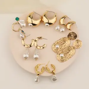 Elegant Geometric Golden Metal Bold Hoop Earrings Diamond Pearl Statement Dangle Earrings For Women Jewelry