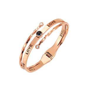 18K Gold PVD Stainless Steel Projection Cuff <b>Bangle</b> <b>Bracelet</b> with 100 Languages I Love You Design | Durable Romantic Jewelry - Product Image 4