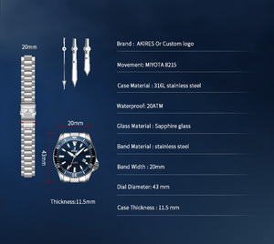 Akires Diving Watches Men 20 ATM Full Luminous Hands Markers vite Down Crown Steel Band Dive Watch 200m Automatic - Product Image 3