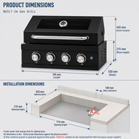Barbecue à gaz encastrable 4 brûleurs noir en acier inoxydable 304 50000 BTU avec grille en fonte pour cuisine extérieure