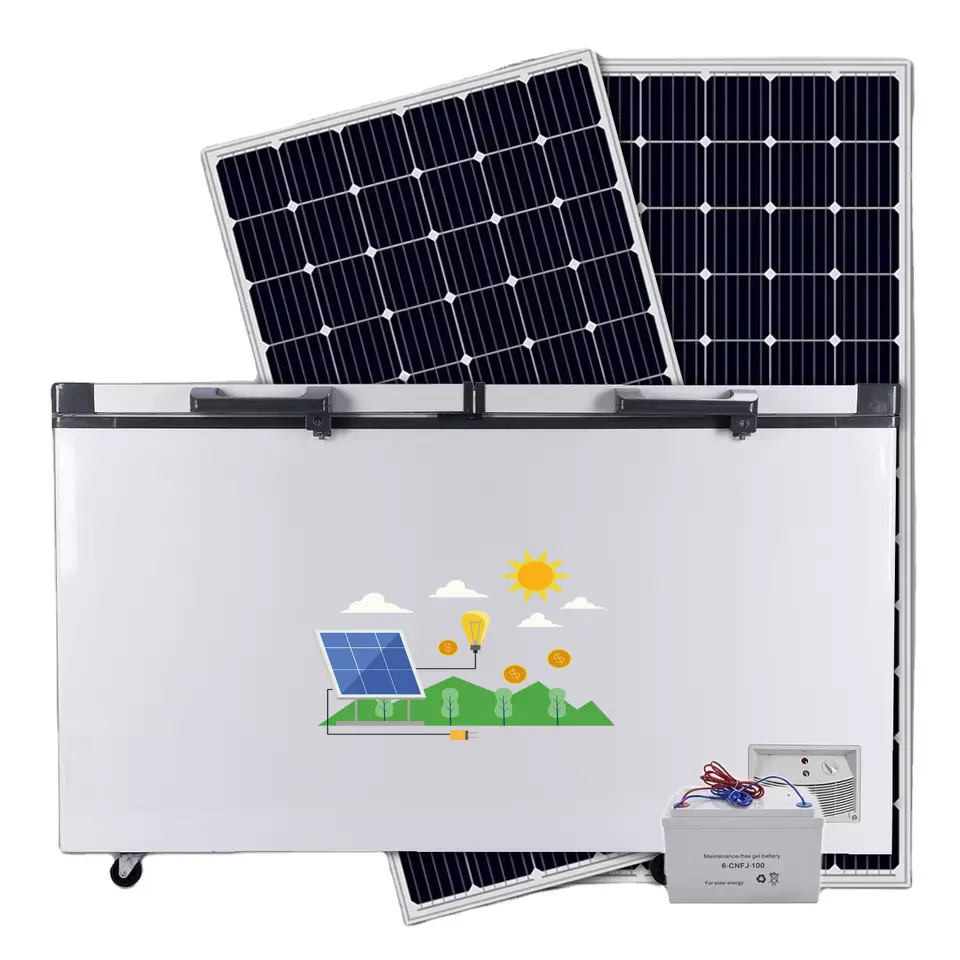 Sistema de energia solar fora de rede, aparelhos para congelar peito solar com grande capacidade de 508 l com porta dupla dc 12 freezer para uso comercial