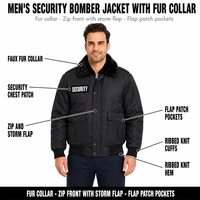 Blouson Bomber de Sécurité pour Homme avec Col en Fausse Fourrure, Manteau d'Hiver Chaud pour Agent de Sécurité, Veste à Fermeture Éclair avec Rabat Anti-Intempéries, Patch de Sécurité Personnalisé