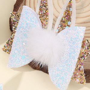 Pinces à cheveux en couches de 3 pouces pour le jour de Pâques, lapin de Pâques pom à paillettes pour bébé fille, 2 pièces - Product Image 4