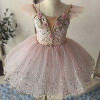 Gaun Tutu Balet Renda Berkilau Warna Pink untuk Anak Perempuan, Tutu Pancake Berhias Bunga dengan Payet, Kostum Tari Anak untuk Rekreasi