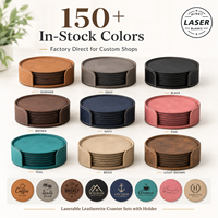 Sous-verres ronds en cuir PU personnalisables avec logo, vierges, gravables au laser, en similicuir, avec support, cadeau de mariage, vente en gros