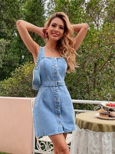 <span class=keywords><strong>Robe</strong></span> en <span class=keywords><strong>jean</strong></span> sans manches, Denim, mode <span class=keywords><strong>femme</strong></span>, boutons, couleur unie, devant, sans manches, mode décontractée, - Product Image 5