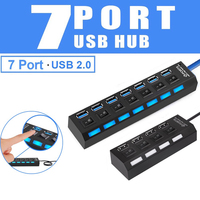 Mini adaptador de concentrador USB 2,0, 7 puertos con interruptor de encendido/apagado LED, divisor de concentrador USB 2,0 para ordenador portátil y PC