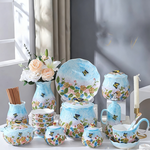 <span class=keywords><strong>Vaisselle</strong></span> <span class=keywords><strong>en</strong></span> céramique de style europé<span class=keywords><strong>en</strong></span>, luxe léger, rétro, créative, avec décor <span class=keywords><strong>en</strong></span> relief sous glaçure, peinte à la main, assiette, bol, tasse, cuillère, vase - Product Image 1