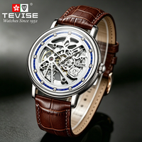 TEVISE Montre Automatique Homme de Luxe Squelette Bracelet en Cuir Véritable 44mm Étanche 3ATM Légère 64g