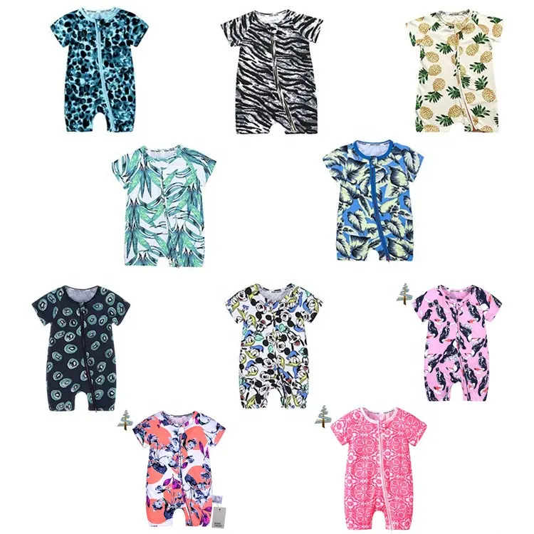 Newborn Baby Summer Short Sleeve Bodysuit Double ZIpper Up Baby Cartoon Printed Short Romper Jumpsuit