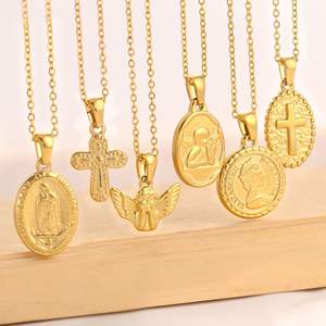 Collier vintage en acier inoxydable avec pièce de monnaie ronde, ange vierge, croix, couleur or 18 carats, bijoux à chaîne, vente en gros de cadeaux pour femmes - Product Image 4