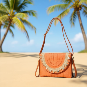 Bolso de Mano con Solapa y Cordones, Decorado con Conchas, Bolso Bandolera de Paja, 28x22cm - Product Image 2