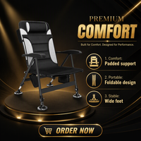 Chaise de pêche pliable portable avec dossier inclinable réglable, appui-tête rembourré et poches de rangement pour le camping et les activités de plein air