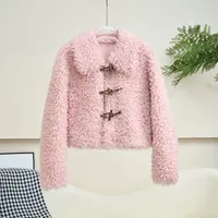 Nouvelle Veste Courte en Vraie Laine et Fourrure avec Doublure en Daim pour Femme, en Laine d'Agneau et Boutons en Corne, Modèle JT635
