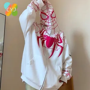 Grosir Y2K 1:1 Spider Hoodie pria uniseks Streetwear Spiderman handuk Chenille patch bordir kustom wajah penuh Zip Up Hoodie