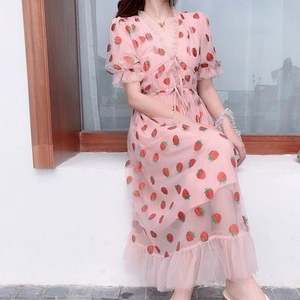 Abito stile coreano in garza alla <span class=keywords><strong>fragola</strong></span> da donna da ragazza estate dolce eleganza dolce manica corta a collo corto abito lungo Casual - Product Image 2