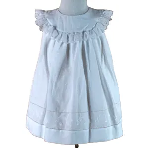 Fourniture d'usine de robe sans manches d'été pour tout-petits en lin et coton, robe brodée à l'ourlet, robes blanches pour bébés filles, de qualité bon marché