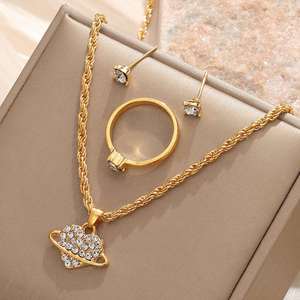 Fashion Trendy Gold Plated Necklace Earrings <b>Ring</b> <b>Set</b> White Heart Pendant Micro Insert Anniversary Gift <b>Women</b> Alloy - Product Image 4