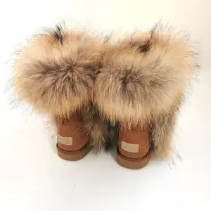 Black Chestnut Pretty Knee High Real Raccoon Fur Top Boots Fuzzy Mid Calf Fur Lined Boots For Women