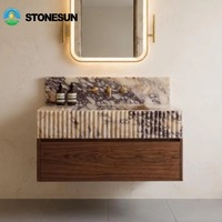 Vasque murale flottante en marbre naturel StoneSun Calacatta Viola, rainurée, faite à la main, pour salle de bain de villa