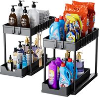 Mehrzweck-Spülbeckenorganizer mit zwei Ebenen, 2er-Pack, ausziehbares Regal, Schiebe-Badezimmerschrank-Aufbewahrung, Schwarz/Rustikales Braun