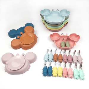 Ensemble de vaisselle pour bébé en silicone de qualité alimentaire sans BPA avec cuillère et fourchette <span class=keywords><strong>Kit</strong></span> <span class=keywords><strong>Bebe</strong></span> Plato Passe au micro-ondes et au lave-vaisselle Vaisselle non toxique - Product Image 1