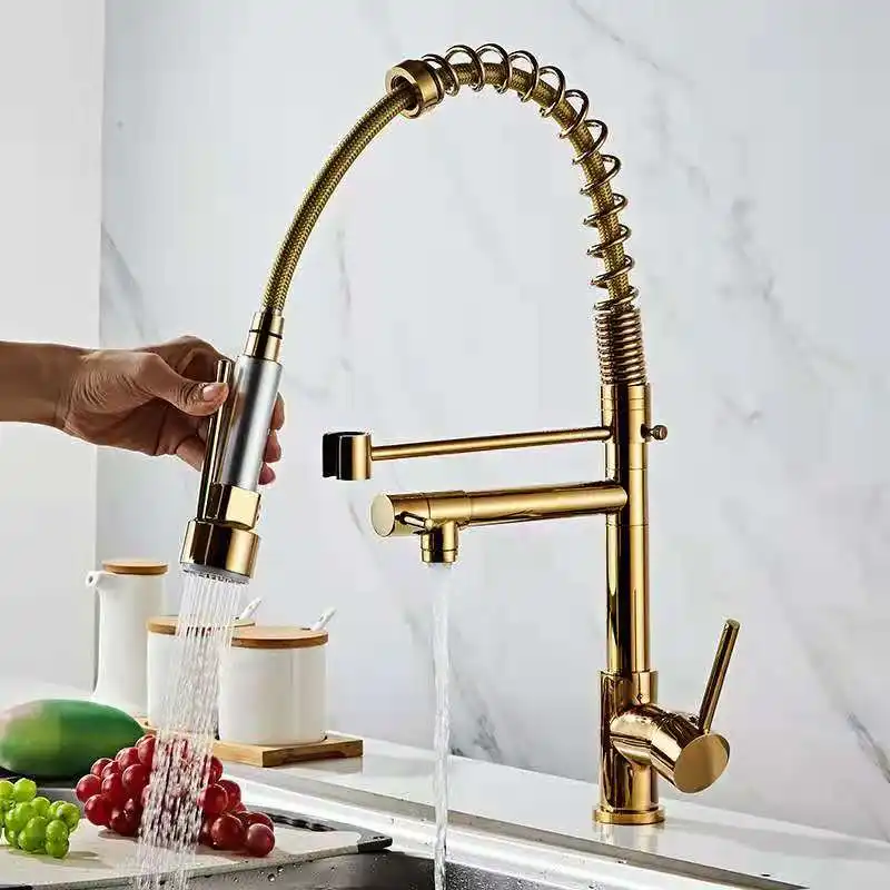 Commercial Brass 3 Way Pre Rinse Gold Spring Kitchen Sink Faucet mit Pull Out Sprayer Hot Cold Mixer Flexible Water Tap