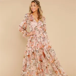 Женское шифоновое платье-макси с цветочным принтом, длинное пляжное платье с глубоким v-образным вырезом
