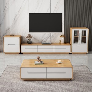 Solid Wood Floor Standing Tv Cabinet And Coffee Table Set Minimalist Living Room Furniture <b>Walnut</b> Color - Product Image 2