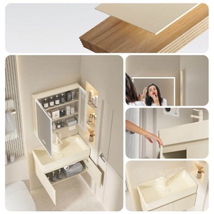 Cream wind multi-layer thick solid wood rock board integrated basin intelligent lighting <b>mirror</b> <b>small</b>-sized bathroom cabinet - Product Image 5