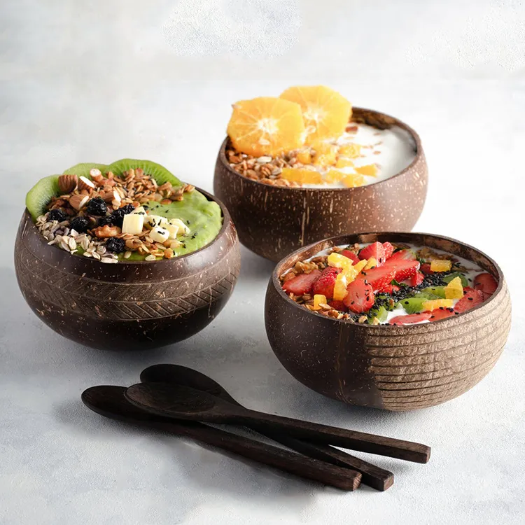 Wholesale Customized Eco Friendly Handmade Polished Festival Carved Decorative Coconut Shell Smoothie Soup Bowls with Logo