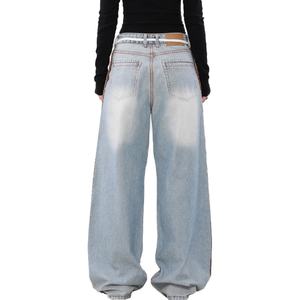 Jeans unisexe coupe droite style streetwear, design inversé, vintage, délavage bleu clair, 100% coton, coupe ample pour homme - Product Image 5