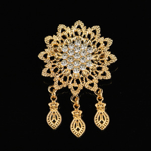 Gold Plated Alloy Crystal Flower Brooch with Hollow Design and Dangle Charms for Women Wedding Party Accessories - Product Image 5