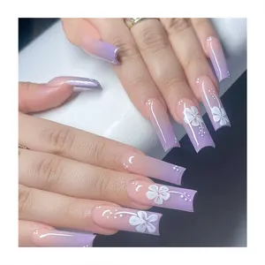 New Design Art Extra Long Coffin FingerNails Nude Transparent Nails Tip Stick Jewel Hand Made Butterfly White Stripes Fake Nails