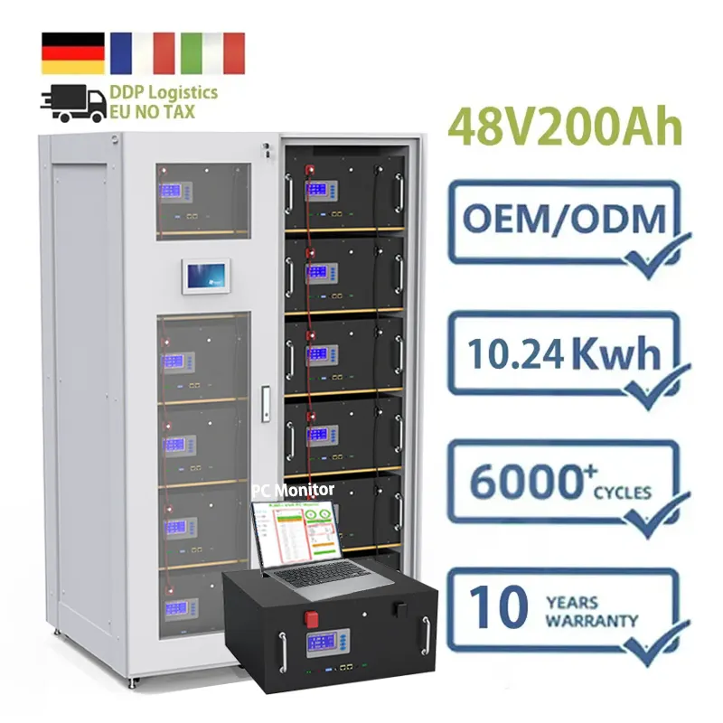 6500 siklus tanpa pajak 16S 200A BMS 51.2V 200Ah 10Kw Inverter surya baterai penyimpanan energi industri Lithium ion 48V baterai LiFePO4