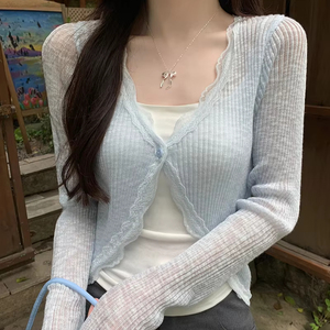 Maglione Cardigan lavorato a coste con un bottone in <span class=keywords><strong>pizzo</strong></span> - Product Image 1